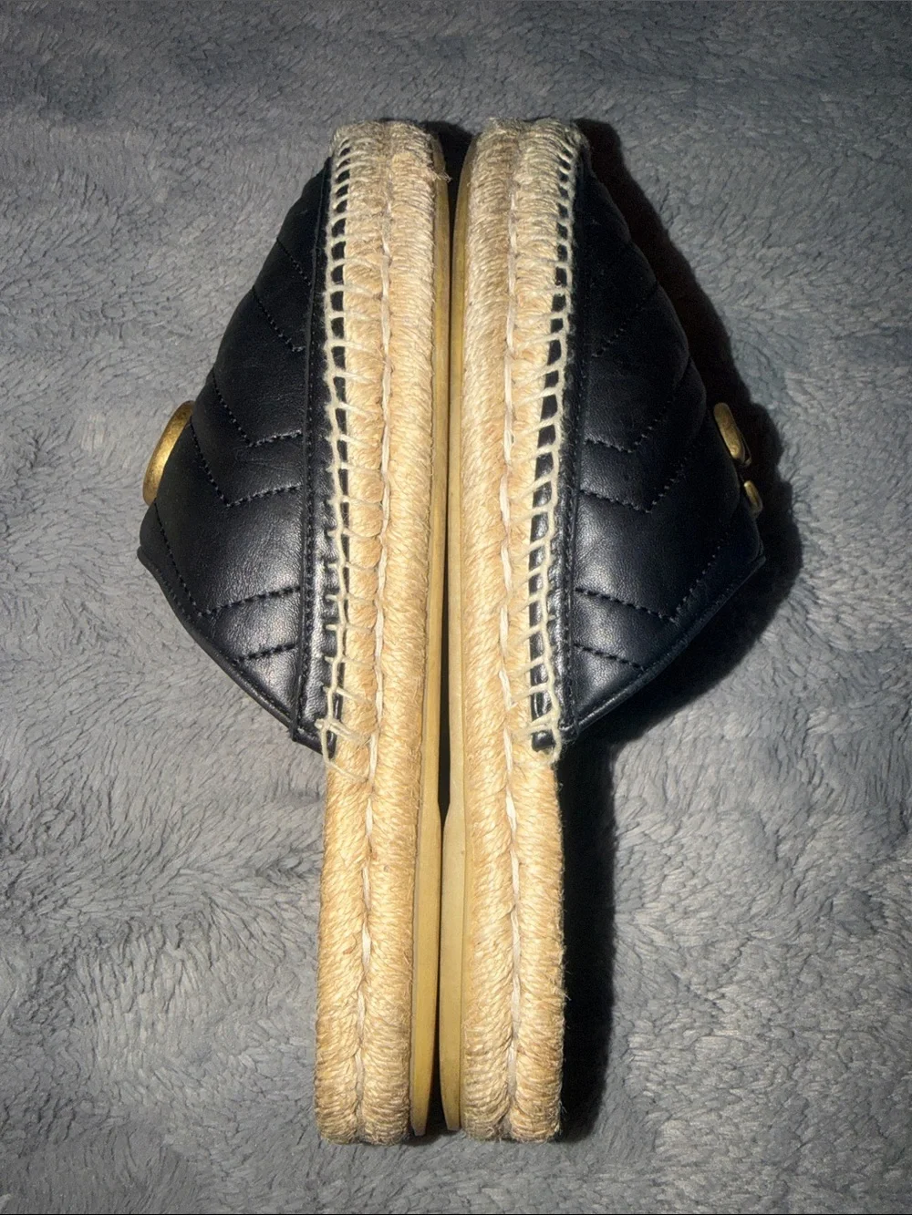 Preloved Gucci Black Quilted Leather Espadrille Mules with Gold GG size38